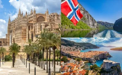 3-teiliges Bild: Links die Kathedrale von Palma, oben rechts die Geirangerfjord-Passage mit der norwegischen Flagge und unten rechts Blick über Dubrovnik.