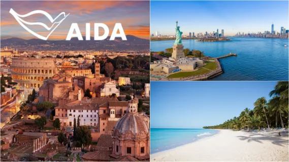 3-teiliges Bild: Links Blick auf das Kolosseum in Rom, oben rechts Blick über die Freiheitsstatue in New York  und unten rechts ein Strand auf La Romana.
