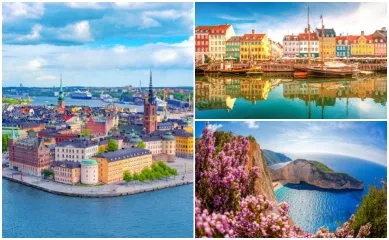AIDA Verlockung der Woche: Stockholm, Kopenhagen & Zakynthos 3-teiliges Bild: Links die Stadt Stockholm, oben rechts die bunten Häuser in Kopenhagen und unten rechts Blick über Zakynthos.