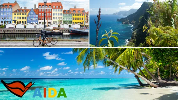3-teiliges Bild: Oben links die bunten Häuser in Kopenhagen, oben rechts Blick auf Madeira, unten ein Strand in die Karibik mit kristallklarem Wasser und Palmen.