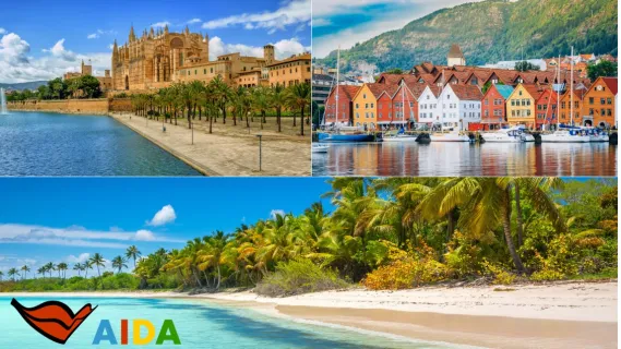 3-teiliges Bild: Oben links die Kathedrale in Palma, oben rechts die bunten Häuser in Bergen und unten ein Strand auf La Romana.