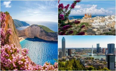 AIDA Verlockung der Woche: Zakynthos, Valletta & Rotterdam 3-teiliges Bild: Links ein Strand auf Zakynthos, oben rechts Blick über Valletta und unten rechts die Stadt Rotterdam.