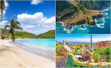 <i>Mein Schiff®</i> Wochenendangebote: Kanaren mit Madeira, wundervolle Karibik und Kanaren & Marokko. 3-teiliges Bild: Links ein goldener Strand mit Palmen auf Antigua. Rechts oben: Blick über die Küste von Madeira, rechts unten: der fantastische Park Güell in Barcelona.