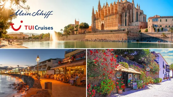 <i>Mein Schiff®</i> Wochenendangebote: Ins Mittelmeer und zu den Kanaren! Eine Collage aus drei Destinationen: Die Basilika von Palma de Mallorca und zwei Orte auf den Kanaren.
