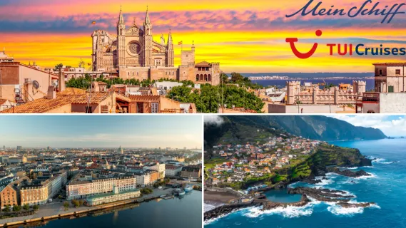 Eine Collage aus drei Destinationen: Sonnenuntergang über Palma, der Hafen von Kopenhagen und Madeira.