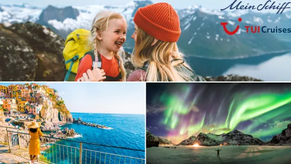 <i>Mein Schiff®</i> Wochenendangebote: Ab in den hohen Norden oder ins Mittelmeer! Eine Collage aus drei Destinationen: Eine Frau und ihr Kind auf einem Berg, eine Frau vor La Spezia und eine Mann vor Nordlichtern.