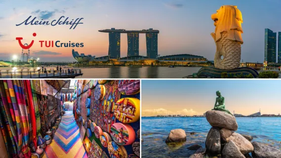 Eine Collage aus drei Destinationen: Oben: die Skyline von Singapur, rechts ein bunter Basar in Marokko und links die Meerjungfrauenstatue in Kopenhagen.