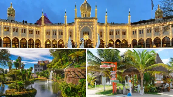 Eine Collage aus drei Destinationen: Rechts, ein Garten in Madeira, links ein buntes Schild in der Karibik und oben ein geschmücktes Schloss in Kopenhagen.