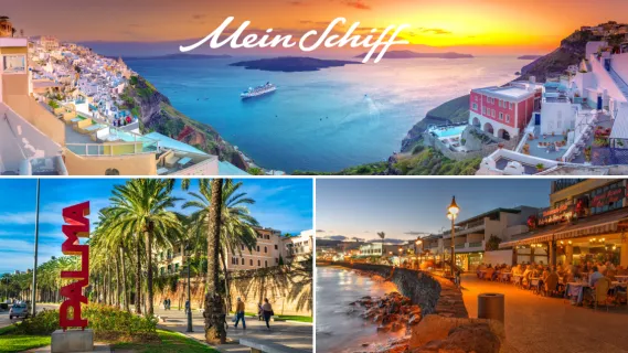 Eine Collage aus drei Destinationen: Oben: Ein pittoresker Hafen im Mittelmeer.Links unten das Stadtschild von Palma de Mallorca, rechts unten: eine Promenade am Abend auf Fuerteventura.