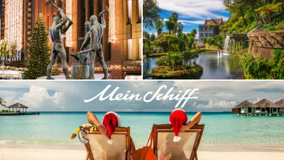 <i>Mein Schiff®</i> Wochenendangebote: Zum Sparpreis zu den Kanaren, über die Feiertage in die Karibik oder in die Ostsee Eine Collage aus drei Destinationen: Rechts, eine Statue in Helsinki, links ein Park auf Madeira und unten Feiertage in der Karibik.