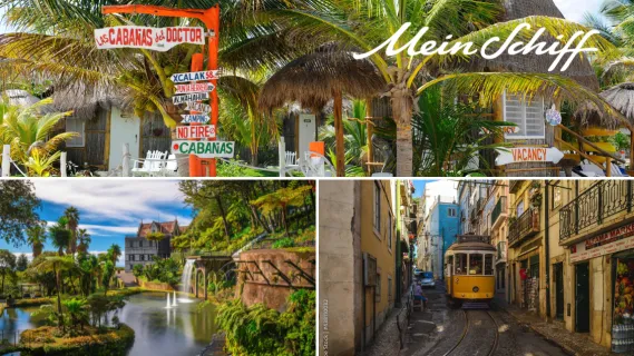 <i>Mein Schiff®</i> Wochenendangebote: Zum Sparpreis zu den Kanaren, entlang der Küsten Westeuropas und in die Karibik! Eine Collage aus drei Destinationen: Oben: Eine Kreuzung in der Karibik, links unten ein Garten auf Madeira und rechts unten eine Straße in Lissabon.