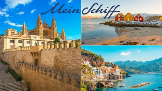 Eine Collage aus drei Destinationen: Ein Festung auf Mallorca, Blockhütten in Norwegen und eine Bucht in Italien.