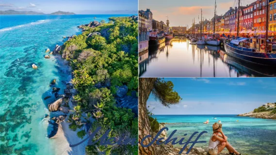 Eine Collage aus drei Destinationen: Ein Strand an der Ostsee, Funchal auf Madeira und Oslo bei Tag.
