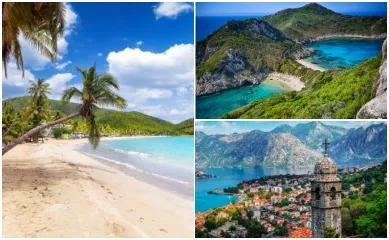 Eine Collage aus drei Destinationen: Ein Strand mit Palmen auf Antigua, die türkisblaue Doppelbucht auf Korfu und ein Ausblick über die Stadt Kotor.