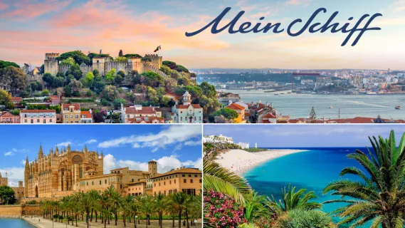 <i>Mein Schiff®</i> Wochenendangebote: Zum Sparpreis zu den Kanaren und ins Mittelmeer! Eine Collage aus drei Destinationen: Oben: Blick auf Lissabon. Links unten die Kathedrale in Palma, rechts unten: Blick auf ein Strand auf Fuerteventura.