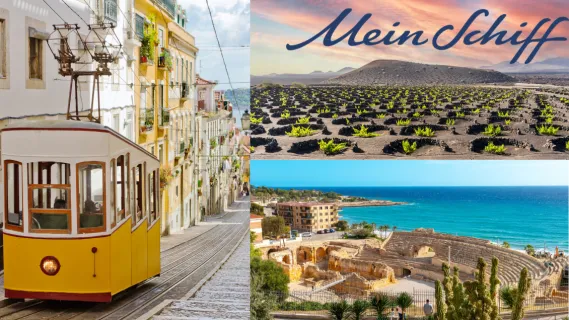 <i>Mein Schiff®</i> Wochenendangebote: Zum Sparpreis zu den Kanaren, nach Westeuropa und ins Mittelmeer! Eine Collage aus drei Destinationen: Oben: Farbenfrohe Kolonialbauten in der Altstadt von Mindelo, Kapverden. Links unten Balkon einer Suite auf Mein Schiff 5 mit Tisch, 4 Stühlen und einer Hängematte, rechts unten: Forum Romanum in der Abenddämmerung.