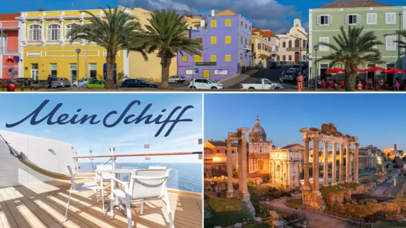 <i>Mein Schiff®</i> Wochenendangebote: Ins Mittelmeer und zu den Kanaren! Eine Collage aus drei Destinationen: Oben: Farbenfrohe Kolonialbauten in der Altstadt von Mindelo, Kapverden. Links unten Balkon einer Suite auf Mein Schiff 5 mit Tisch, 4 Stühlen und einer Hängematte, rechts unten: Forum Romanum in der Abenddämmerung.