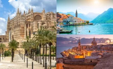 Eine Collage aus drei Destinationen: die Kathedrale in Palma, die Stadt Kotor und Blick über Valletta in Malta.