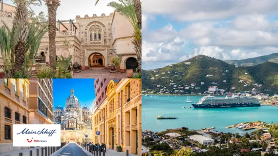 Eine Collage aus drei Destinationen: Rechts ein Mein Schiff in der Karibik, oben links ein Monument in Agadir und unten links eine Straße in Marseille.