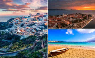 3-teiliges Bild: Links: Eine Stadt im östlichen Mittelmeer, rechts oben: eine Stadt an der Adria bei Abendsonne, links unten: ein kleines Ruderboote an einem Strand am Atlantik.