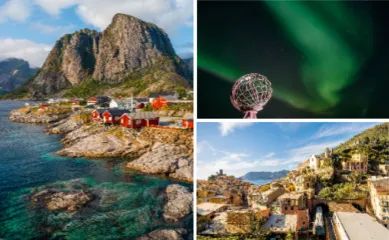 <i>Mein Schiff®</i> Wochenendangebote: Sommerzeit an der Westküste, norwegische Fjordlandschaften und einmal über den Atlantik. Eine Collage aus drei Destinationen: Ein Drof mit roten Häusern an einer Küste in Norwegen, die Statue am Nordkap und ein Ausblick über die Stadt La Spezia.