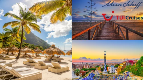 Eine Collage aus drei Destinationen: Ein Festung auf Mallorca, Blockhütten in Norwegen und eine Bucht in Italien.