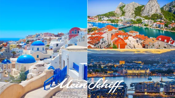Eine Collage aus drei Destinationen: Santorin, eine Stadt an der Adria und die Kulisse von Oslo.