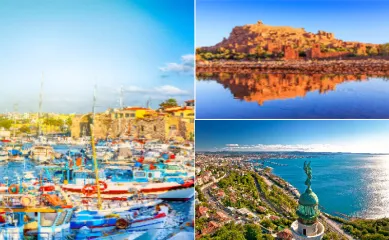 Eine Collage aus drei Destinationen: der Hafen von Heraklion, eine Aussicht über Marokko und die Stadt Triest.