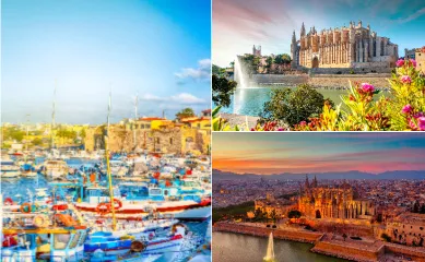 <i>Mein Schiff®</i> Wochenendangebote: Faszination Mittelmeer, Vielfalt des östlichen Mittelmeers und MeerBeats meets EDM Eine Collage aus drei Destinationen: der Hafen von Heraklion und zwei Aufnahmen der Stadt Palma.
