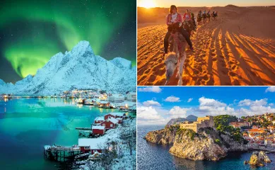 <i>Mein Schiff®</i> Wochenendangebote: Die schönsten Seiten der Adria, den iberischen und marokkanischen Küsten und einer Auszeit in Norwegen. 3-teiliges Bild: Links: Winterleuchten über Bergen, rechts oben: eine Gruppe bei einer Kamelwanderung durch die Wüste, links unten: eine Stadt an der adriatischen Küste.