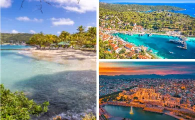 3-teiliges Bild: Links: Ein Strand bei Kingstown. Rechts oben: Eine koratische Stadt an der Adria. Rechts unten: Die Innenstadt von Palma in der Abendröte.
