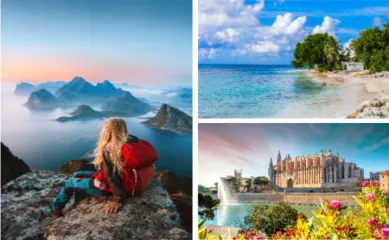 <i>Mein Schiff®</i> Wochenendangebote: Sommerzeit an der Westküste, norwegische Fjordlandschaften und einmal über den Atlantik. Eine Collage aus drei Destinationen: Eine Wanderin mit Blick auf eine Fjordlandschaft, ein türkisfarbener Tropenstrand mit Palmen in Bridgetown und die Kathedrale von Palma de Mallorca am Wasser.