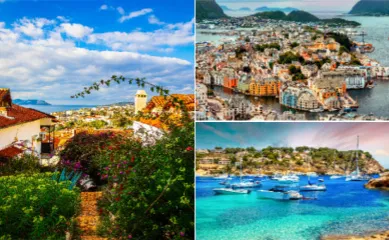<i>Mein Schiff®</i> Wochenendangebote: Reise zu Norwegens Fjorden, Sehnsuchtsziele an der Adria und <i>Mein Schiff Flow</i> Taufreise im Mittelmeer. Eine Collage aus drei Destinationen: Ein Stadt in Norwegen, eine Stadt in Kroatien und eine Bucht auf Mallorca.