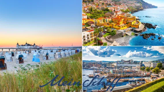 <i>Mein Schiff®</i> Wochenendangebote: Kanaren und Madeira, Kurzreise nach Oslo und Ostsee mit Aarhus Eine Collage aus drei Destinationen: Ein Strand an der Ostsee, Funchal auf Madeira und Oslo bei Tag.