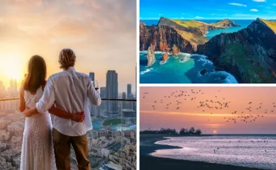 <i>Mein Schiff®</i> Wochenendangebote: Orient, Kanaren und Afrika 3-teiliges Bild: Links ein Pärchen schaut sich den Sonnenuntergang hinter der Skyline in Dubai an, rechts oben eine Landschaft auf Madeira am Meer, rechts unten Fliegende Flamingos bei einem pinken Sonnenuntergang an der Walfischbucht.