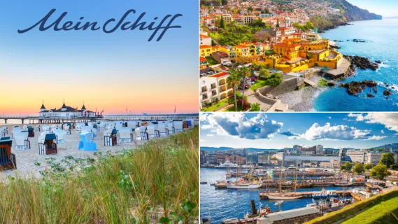 Eine Collage aus drei Destinationen: Ein Strand an der Ostsee, Funchal auf Madeira und Oslo bei Tag.