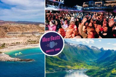 3-teiliges Bild: Burlesque-Queen Dita Von Teese, rechts oben Blick auf Kapstadt mit Button der Themenreise Logbuch der Aromen - die Gewürzroute, unten Felsen von Gibraltar mit Berberaffe.