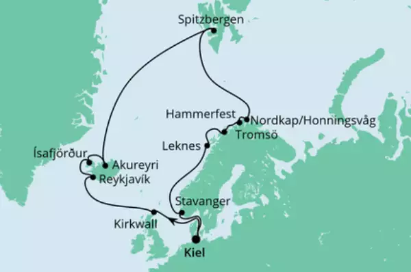 AIDA VARIO Sommer: Highlights am Polarkreis mit AIDAluna Route: Kiel - Seetag - Kirkwall - Seetag - Reykjavik - Isafjördur - Akureyri - 2 Seetage - Spitzbergen - Nordkap/Honningsvag - Nordkap/Honningsvag - Hammerfest - Tromsö - Leknes - Seetag - Stavanger - Seetag - Kiel