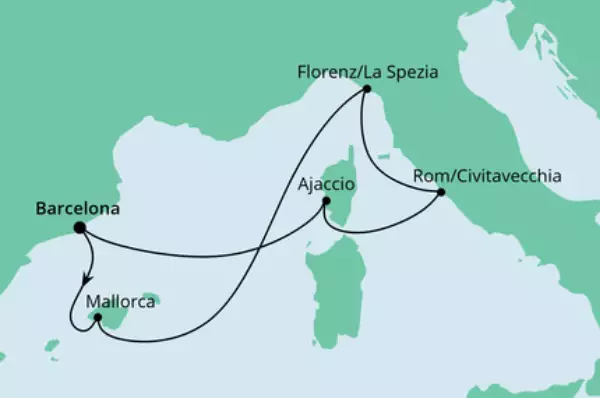 AIDA VARIO Sommer: Mediterrane Schätze ab Barcelona mit AIDAcosma Route: Barcelona - Mallorca - Seetag - Florenz/La Spezia - Rom/Civitavecchia- Ajaccio - Seetag - Barcelona