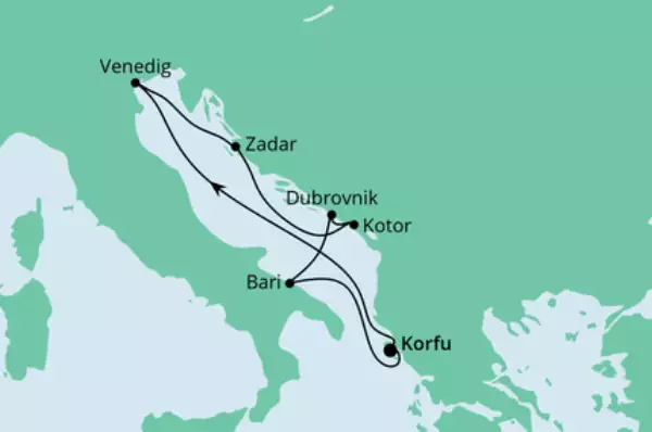 AIDA VARIO Sommer: Adria ab Korfu mit AIDAblu Route: Korfu - Seetag - Venedig - Zadar - Kotor - Dubrovnik - Bari - Korfu