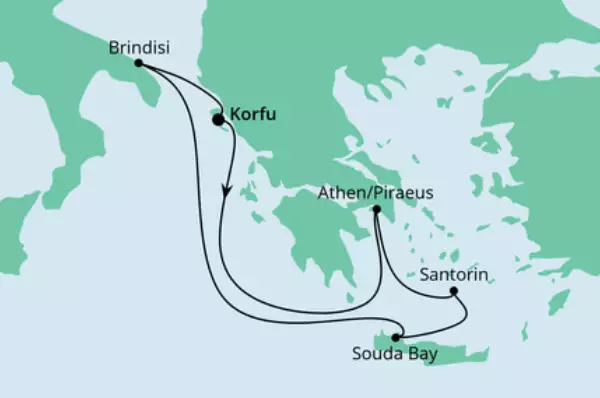 AIDA VARIO Sommer: Griechenland ab Korfu mit AIDAblu Route: Korfu - Seetag - Piraeus - Santorin - Souda Bay - Seetag - Brindisi - Korfu