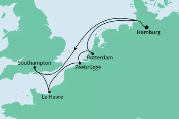 AIDA VARIO Sommer: Metropolen ab Hamburg mit AIDAprima Route: Hamburg - Seetag - Southampton - Le Havre - Zeebrügge - Rotterdam - Rotterdam - Hamburg