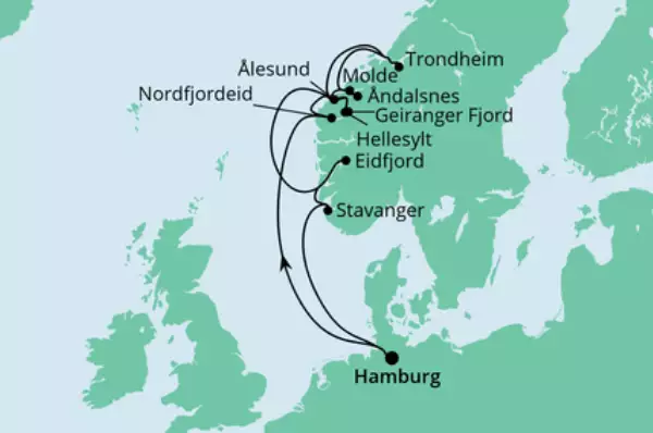 AIDA VARIO Sommer: Norwegens Fjorde mit AIDAperla Route: Hamburg - Nordfjordeid - Hellesylt - Geiranger Fjord - Andalsnes - Molde - Trondheim - Alesund - Eidfjord - Stavanger - Hamburg