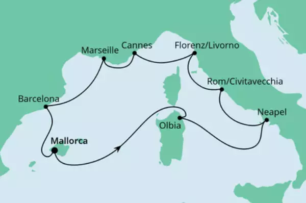 AIDA VARIO Sommer: Mediterrane Highlights mit AIDAstella Route: Mallorca - Olbia - Neapel - Civitavecchia - Livorno - Cannes - Marseille - Barcelona - Barcelona - Mallorca