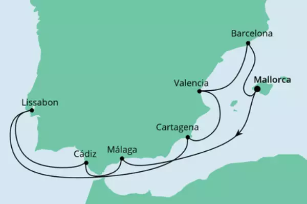 AIDA VARIO Sommer: Spanien & Portugal mit AIDAstella Route: Mallorca - Seetag - Málaga - Cádiz - Lissabon - Lissabon - Seetag - Cartagena - Valencia - Barcelona - Mallorca