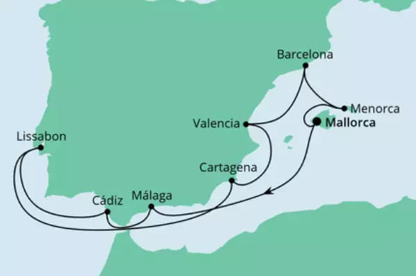 AIDA VARIO Sommer: Spanien, Portugal & Balearen mit AIDAstella Route: Mallorca - Seetag - Málaga - Cádiz - Lissabon - Lissabon - Seetag - Cartagena - Valencia - Barcelona - Menorca - Mallorca