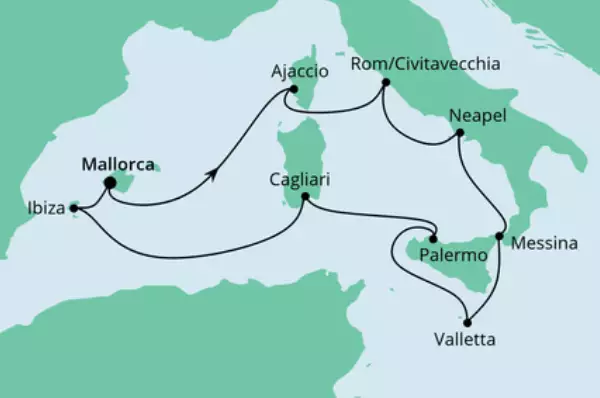 AIDA VARIO Sommer: Italien & Mittelmeerinseln mit AIDAstella Route: Mallorca - Seetag - Ajaccio - Civitavecchia - Neapel - Messina - Valletta - Palermo - Cagliari - Seetag - Ibiza - Mallorca