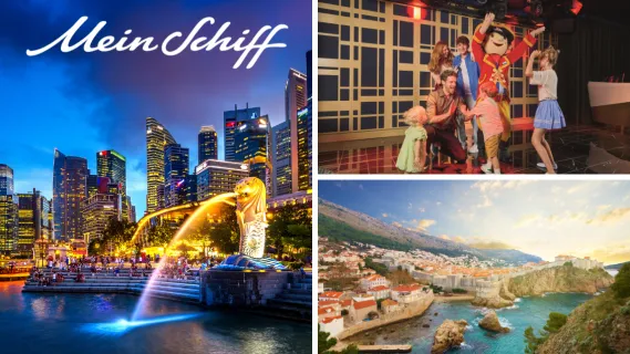 <i>Mein Schiff</i>® Angebote der Woche: Sommerferien im östlichen Mittelmeer und der Adria, Vorweihnachtszeit in Südostasien Mein Schiff Kreuzfahrt – Collage mit Singapur Merlion bei Nacht, Familienunterhaltung an Bord und Blick auf die Altstadt von Dubrovnik