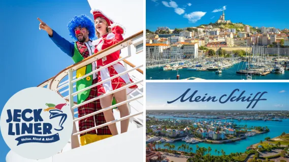 <i>Mein Schiff</i>® Angebote der Woche: Jeckliner, Mittelmeer und Karibik 3-teiliges Bild: Links als Clown und Funkenmariechen verkleidete Passagiere an Bord von Mein Schiff mit dem Logo des Jeckliner links oben; rechts oben Blick über den alten Hafen von Marseille, rechts unten: Blick über Nassau, Bahamas.