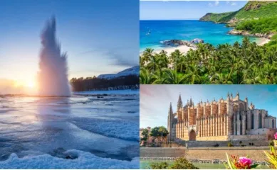 Mein Schiff® Angebote der Woche: Kanaren, Spanien und Italien oder Island 3-teiliges Bild: Links Geysir auf Island, rechts oben grün bewachsener Küstenabschnitt auf den Kanaren, rechts unten Kathedrale von Palma de Mallorca.